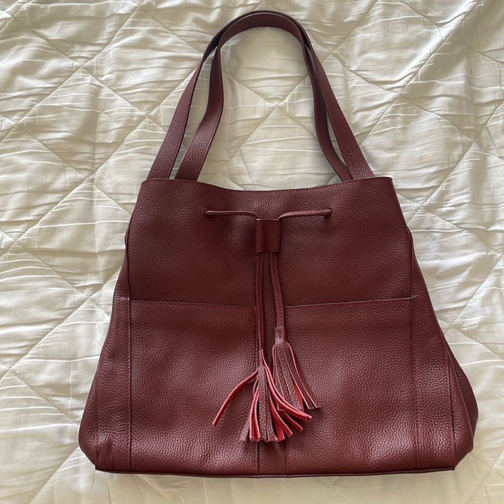 LAGGO Shoulder Bag Burgundy Leather Purse with Tassels & Pockets Drawstring